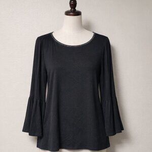 White House Black Market Black Bell Sleeve Top Metallic Trim Blouse M